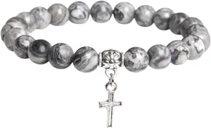 New 2026 Unisex Men Beads Bracelet Slivers Color Cross Pendant Natural Stone Bracelets Charm For Women Prayer Decoration Jewelry Luxury With You Accessories Trendy Creative For Women And Men