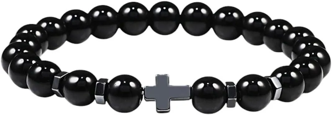 New 2026 Unisex Natural Lava Stone Men Bracelets 6Mm 8Mm Black Onyx Beads Cross Charm Bracelet&Bangle Women Meditation Prayer Jewelry Fashion Trendy Accessories Creative Gift For Women And Men