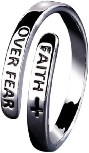 New 2026 Unisex Stainles Stell Letters Silver Rings Retro Faith Cross Over Fear for Women Men Punk Gothic Open Unisex Jewelry Accessories Fashion Trendy Creative Gift for Women and Men