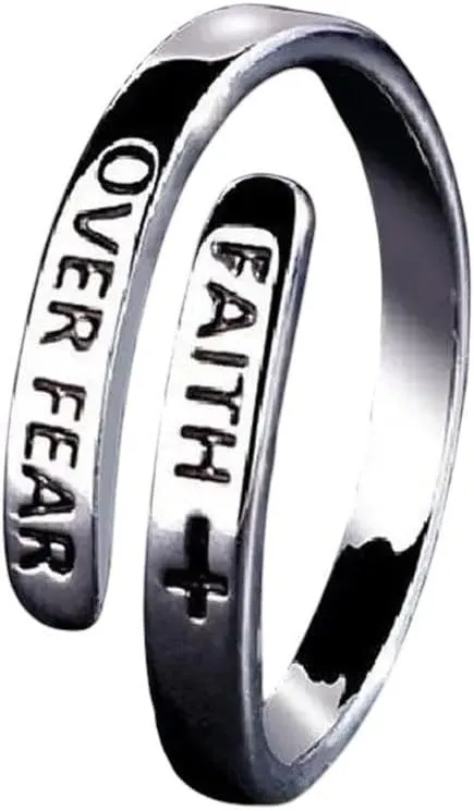 New 2026 Unisex Stainles Stell Letters Silver Rings Retro Faith Cross Over Fear for Women Men Punk Gothic Open Unisex Jewelry Accessories Fashion Trendy Creative Gift for Women and Men