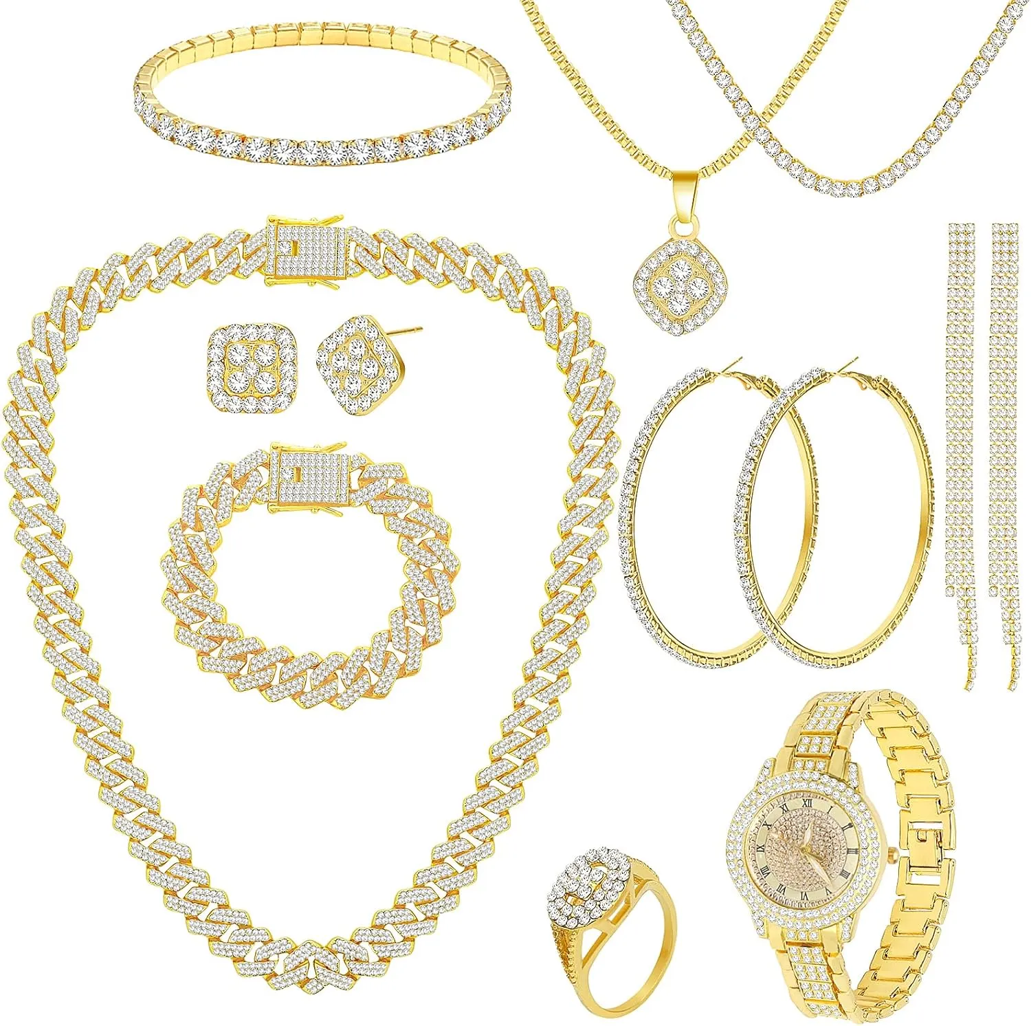 NEWITIN 13 Pieces Silver Jewelry Set for Women Stainless Steel Cuban Link Necklaces Bracelets Earrings Watch Ring Bling Cubic Zirconia Cuban Jewelry Set for Women Men