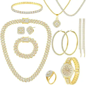 NEWITIN 13 Pieces Silver Jewelry Set for Women Stainless Steel Cuban Link Necklaces Bracelets Earrings Watch Ring Bling Cubic Zirconia Cuban Jewelry Set for Women Men