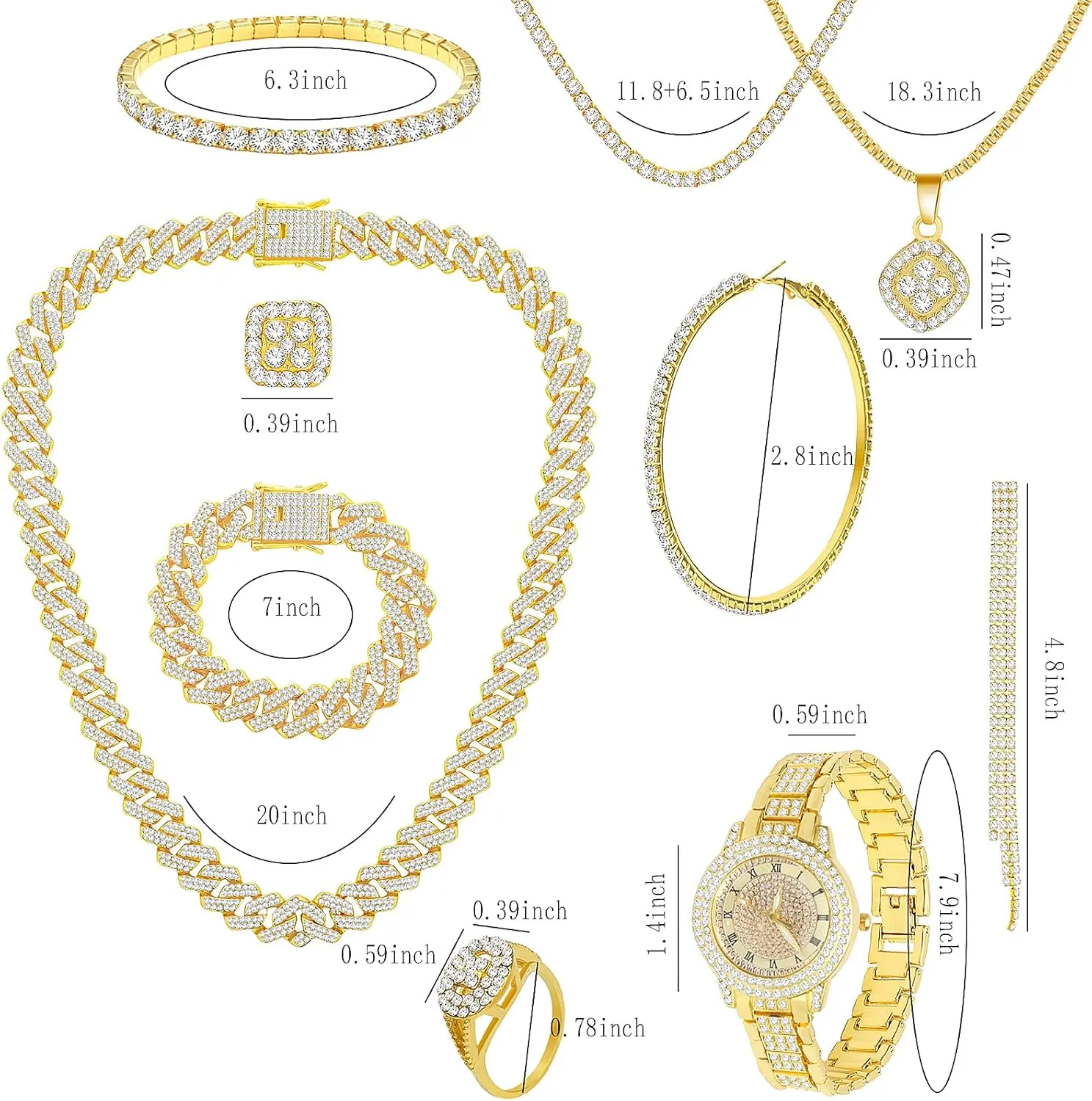NEWITIN 13 Pieces Silver Jewelry Set for Women Stainless Steel Cuban Link Necklaces Bracelets Earrings Watch Ring Bling Cubic Zirconia Cuban Jewelry Set for Women Men