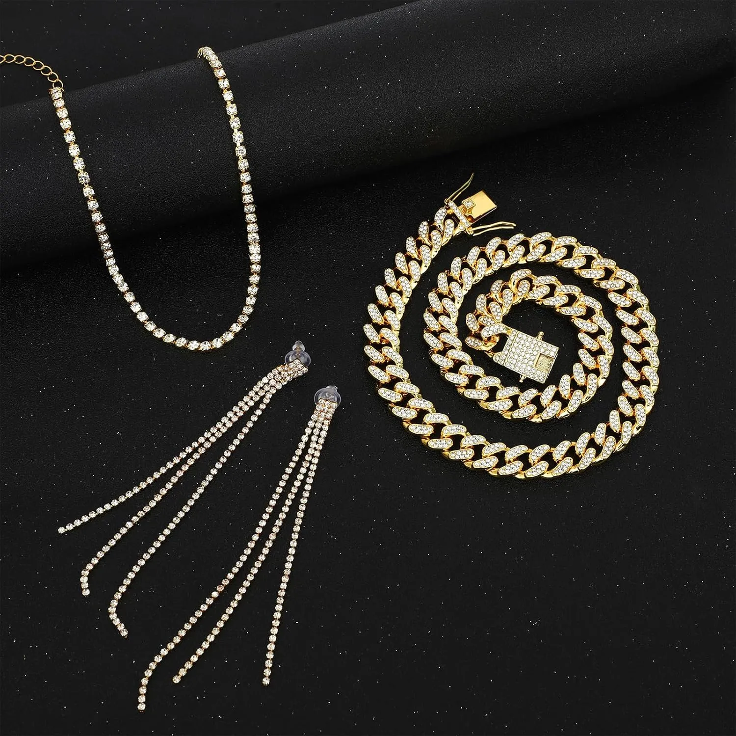 NEWITIN 13 Pieces Silver Jewelry Set for Women Stainless Steel Cuban Link Necklaces Bracelets Earrings Watch Ring Bling Cubic Zirconia Cuban Jewelry Set for Women Men