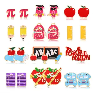 NLCAC 6/8 Pairs Teacher Stud Earrings for Women Colorful Enamel Apple Pencil Book Back To School Earrings Teacher Appreciation Gifts