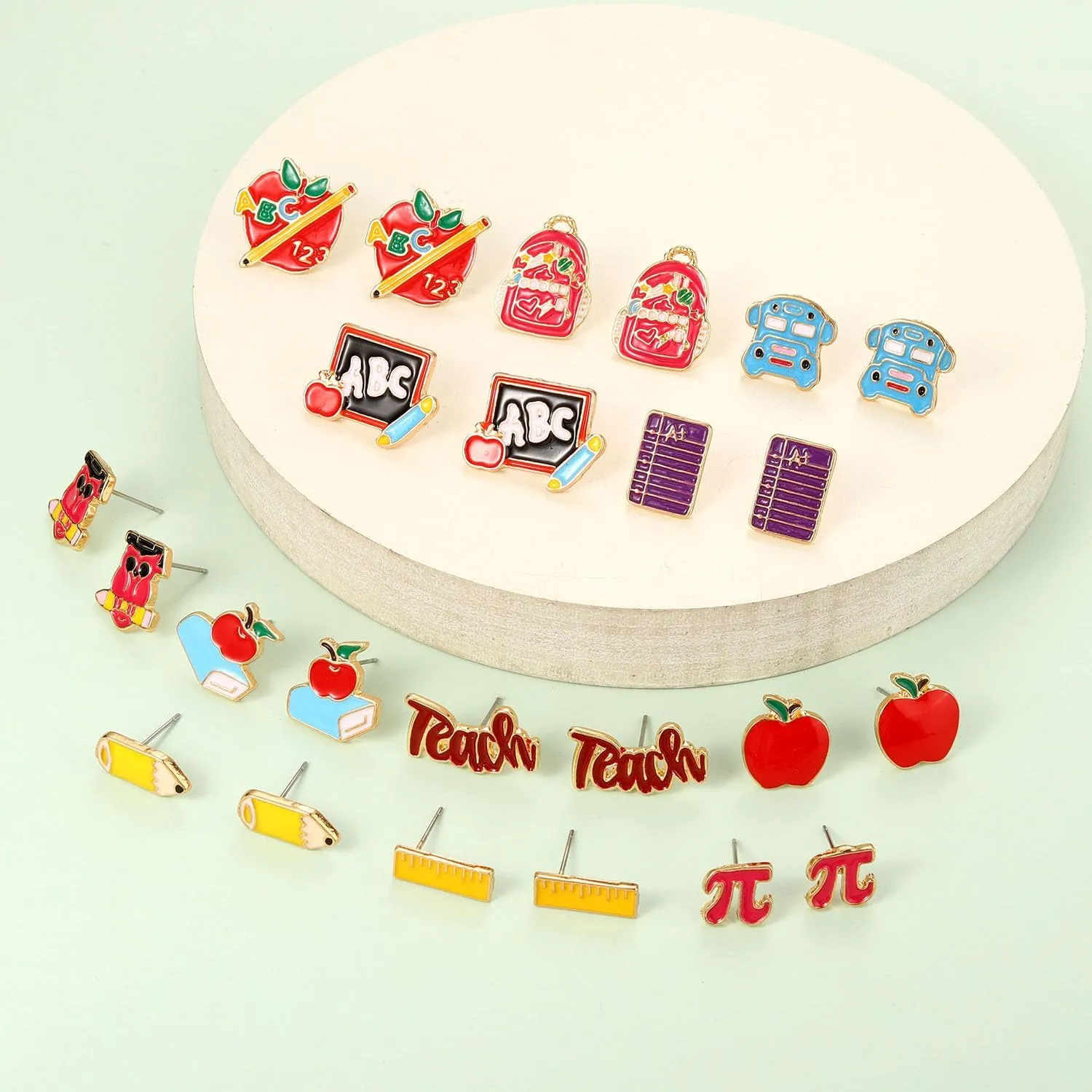 NLCAC 6/8 Pairs Teacher Stud Earrings for Women Colorful Enamel Apple Pencil Book Back To School Earrings Teacher Appreciation Gifts