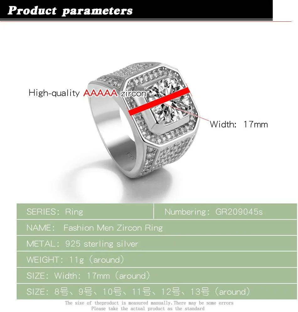 Noble Men's 925 Silver Ring-Square Cubic Zircon Inlaid-Classic Ring-Fashion Silver Jewelry-Party Accessories 8-13#