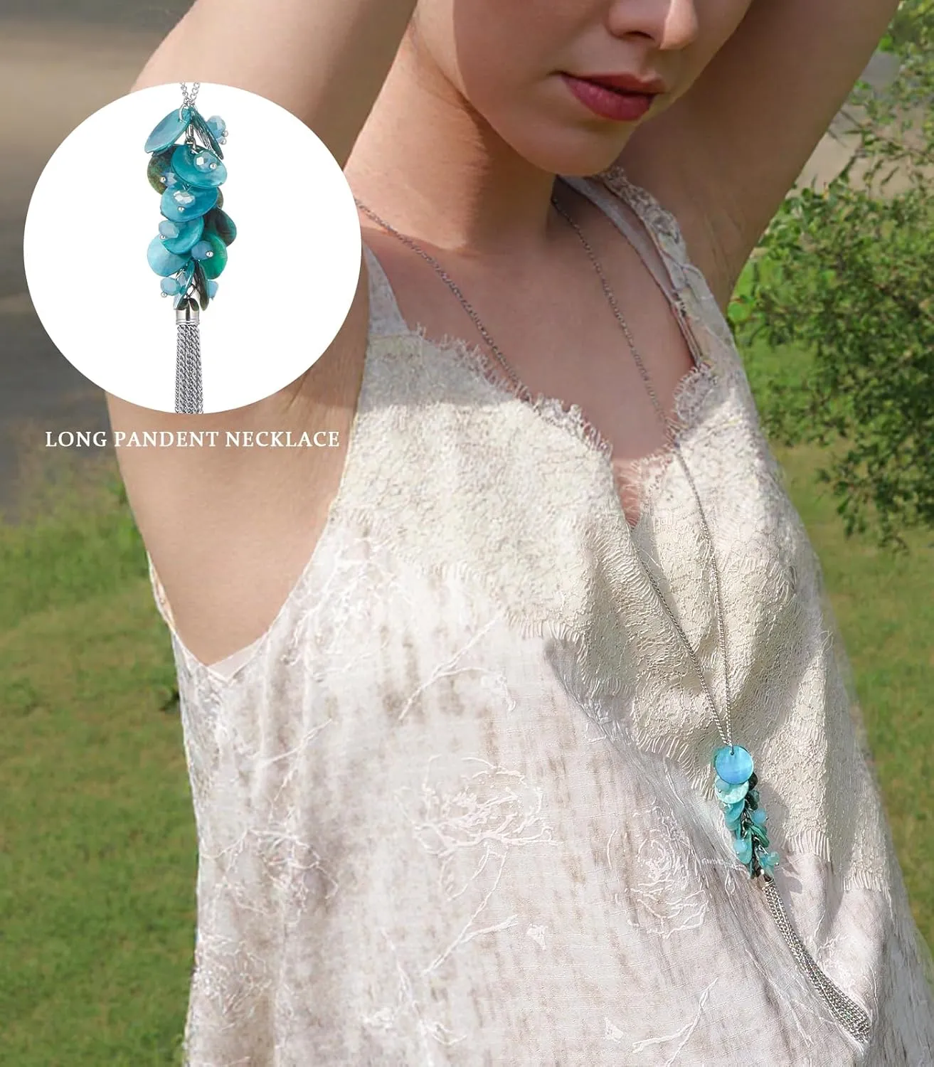 Noessla Boho Long Tassel Pendant Necklace Long Silver Necklace for Women Sweater Chain Statement Costume Jewelry Mothers Day Gifts