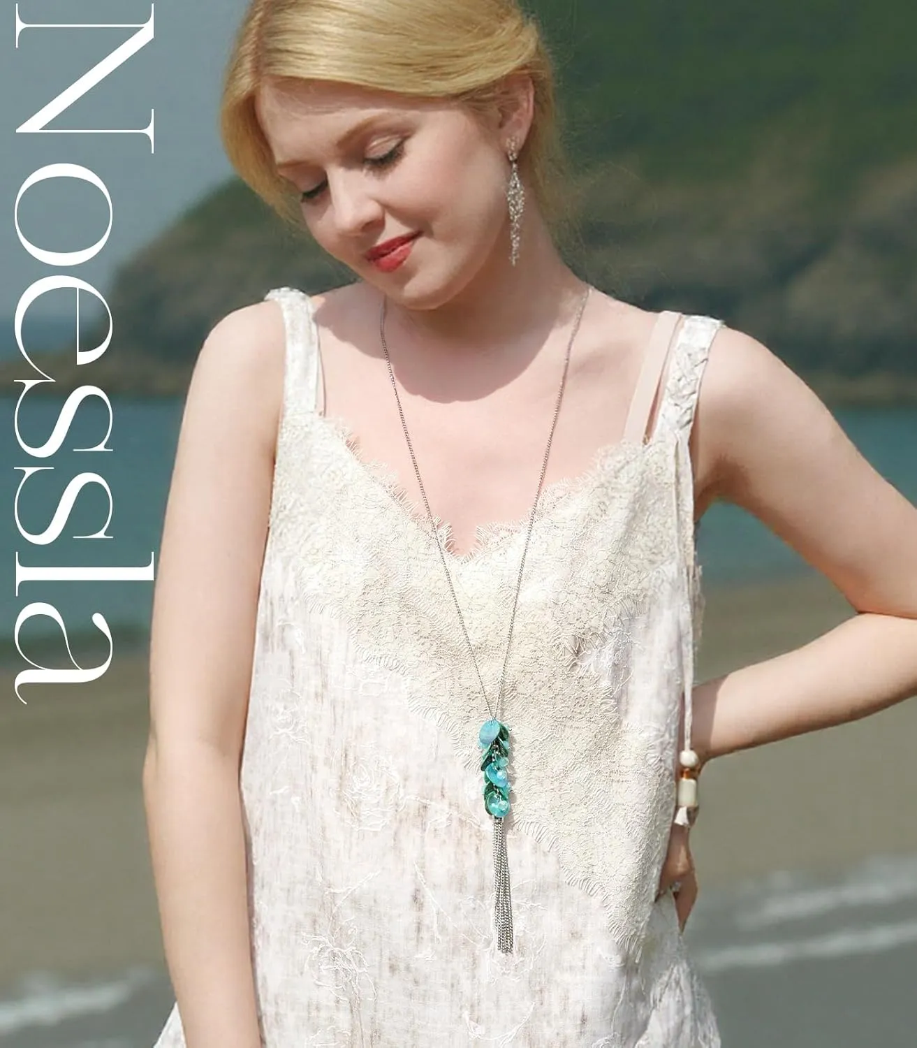 Noessla Boho Long Tassel Pendant Necklace Long Silver Necklace for Women Sweater Chain Statement Costume Jewelry Mothers Day Gifts