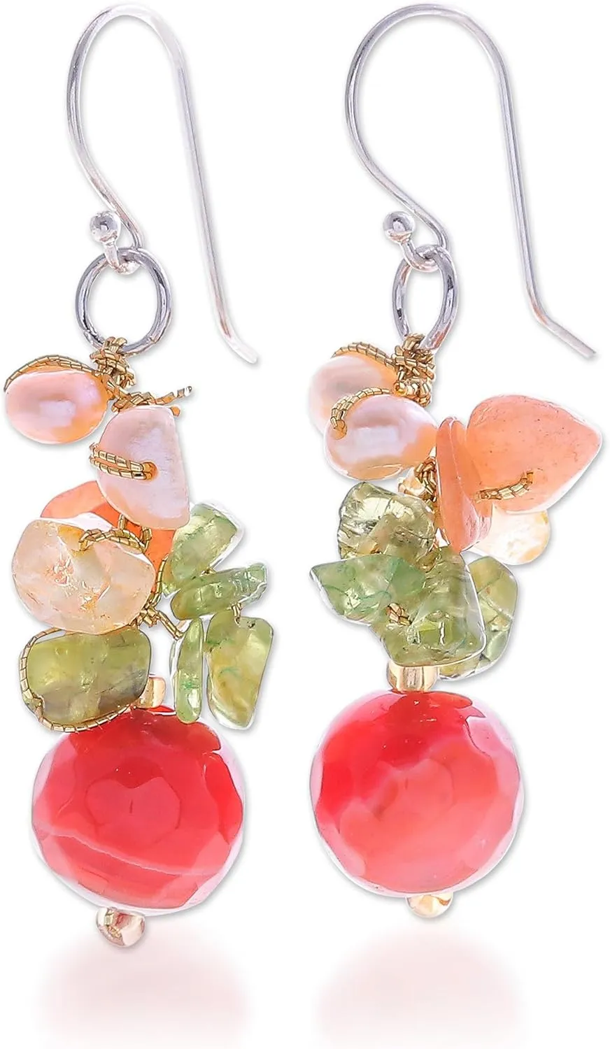 NOVICA Artisan Handcrafted Citrine Cluster Earrings with Pearl Beads in Sterling Silver - Multi-Color Natural Gemstone Bouquet Earrings