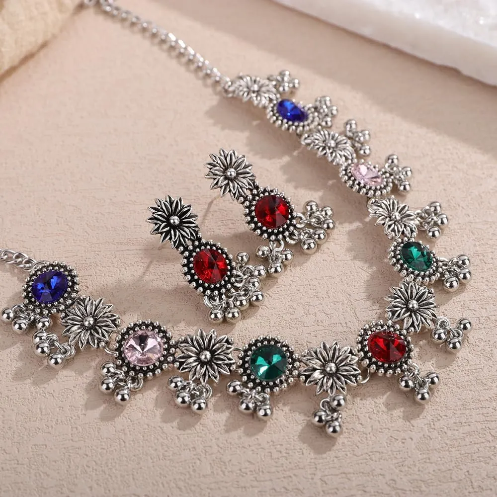 Octwine Vintage Simple Indian Rhinestones Necklace Teardrop Dangle Earrings Set Bridal Wedding Prom Blue Rhinestones Necklace Rhinestone Crystal Bride Statement Necklace Earrings Set for Women