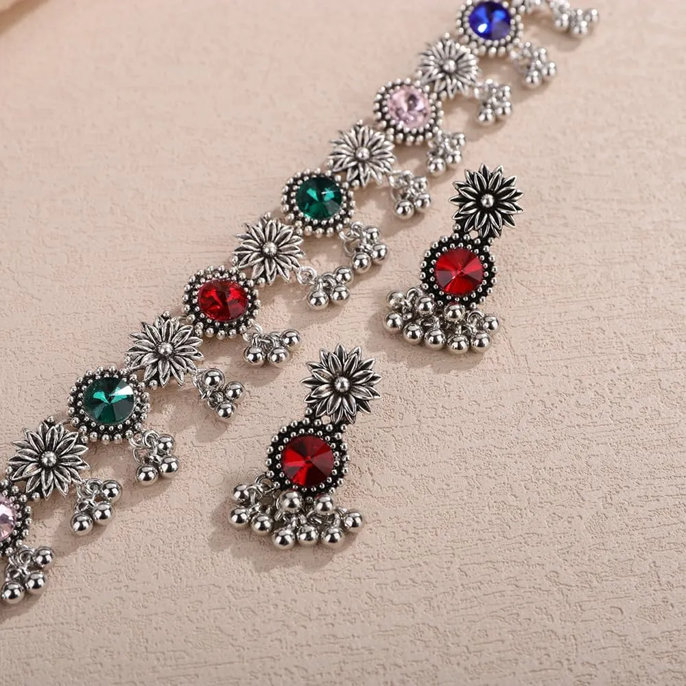 Octwine Vintage Simple Indian Rhinestones Necklace Teardrop Dangle Earrings Set Bridal Wedding Prom Blue Rhinestones Necklace Rhinestone Crystal Bride Statement Necklace Earrings Set for Women