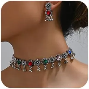 Octwine Vintage Simple Indian Rhinestones Necklace Teardrop Dangle Earrings Set Bridal Wedding Prom Blue Rhinestones Necklace Rhinestone Crystal Bride Statement Necklace Earrings Set for Women