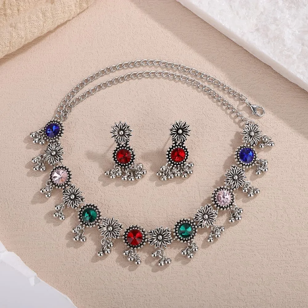 Octwine Vintage Simple Indian Rhinestones Necklace Teardrop Dangle Earrings Set Bridal Wedding Prom Blue Rhinestones Necklace Rhinestone Crystal Bride Statement Necklace Earrings Set for Women