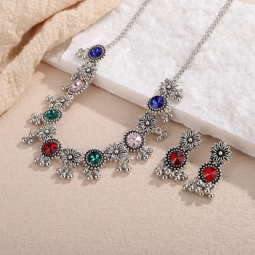 Octwine Vintage Simple Indian Rhinestones Necklace Teardrop Dangle Earrings Set Bridal Wedding Prom Blue Rhinestones Necklace Rhinestone Crystal Bride Statement Necklace Earrings Set for Women