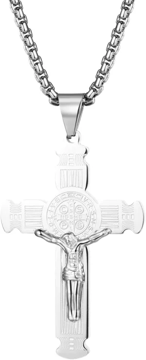 OIDEA St Benedict Crucifix Necklace: Saint Benedict Necklace Cross Pendant Necklace for Men Stainless Steel Religion Amulet Jewelry Gifts for Men and Women