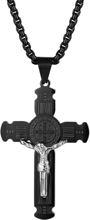 OIDEA St Benedict Crucifix Necklace: Saint Benedict Necklace Cross Pendant Necklace for Men Stainless Steel Religion Amulet Jewelry Gifts for Men and Women