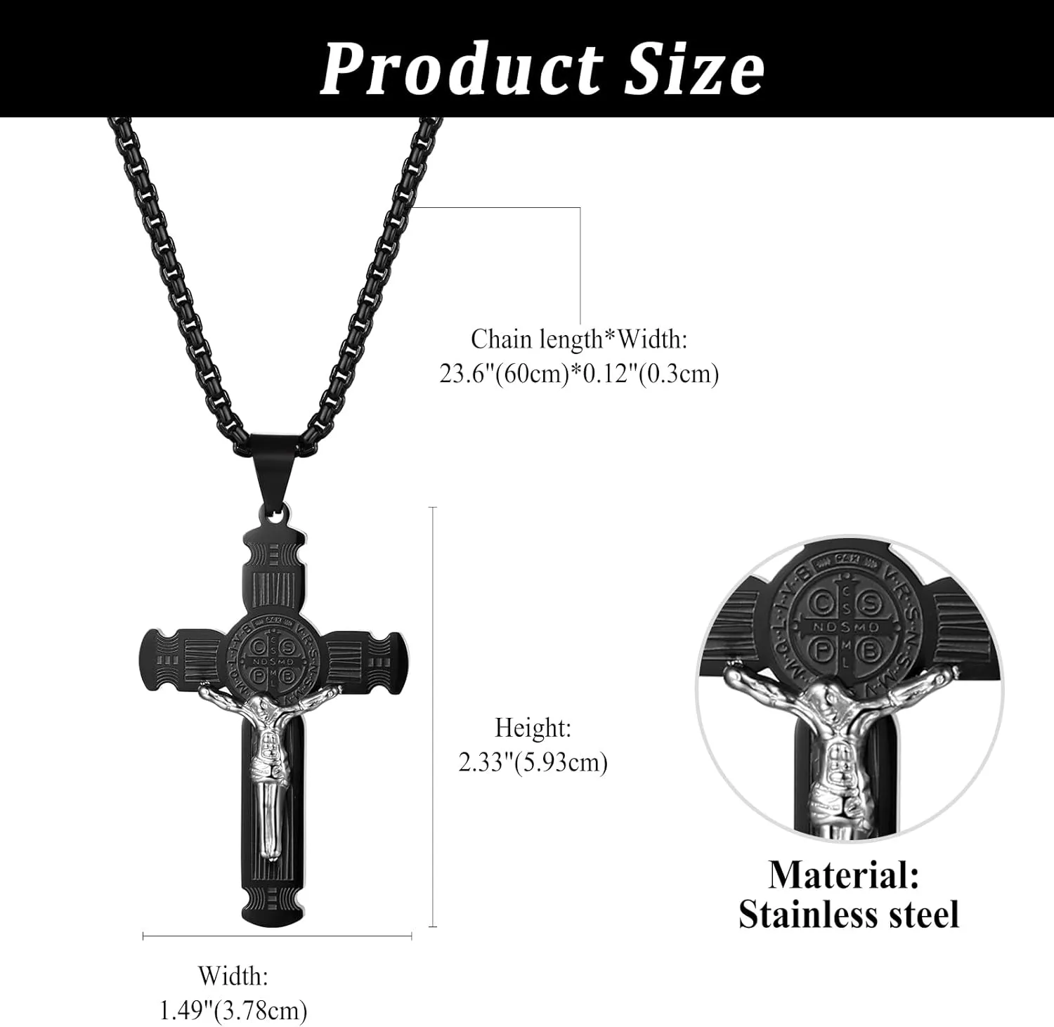 OIDEA St Benedict Crucifix Necklace: Saint Benedict Necklace Cross Pendant Necklace for Men Stainless Steel Religion Amulet Jewelry Gifts for Men and Women