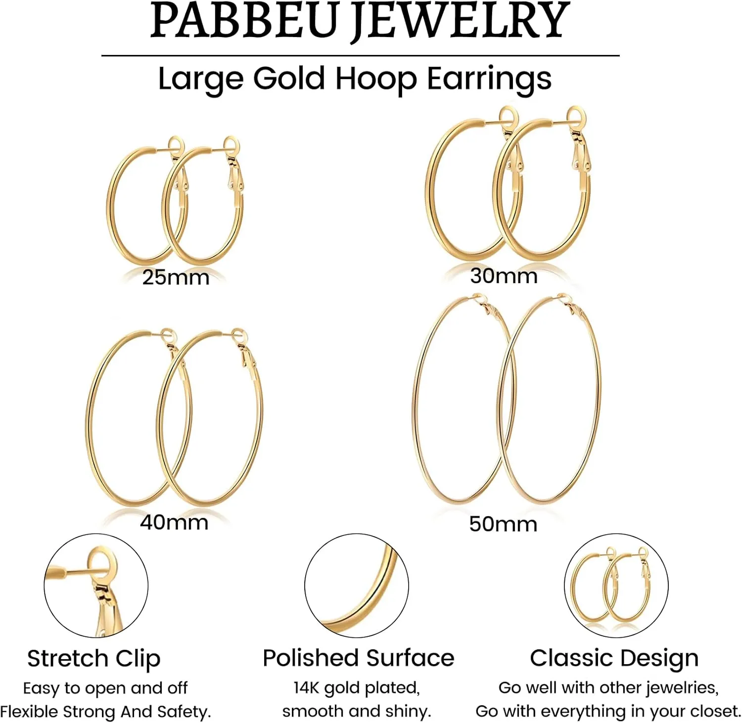 PABBEU Silver Hoop Earrings Large 316L Stainless Steel Earrings Lightweight Silver Earrings Hypoallergenic Big Thin Silver Earrings for Women s Boucle Doreille Femme 25/30/40/50/60/70mm