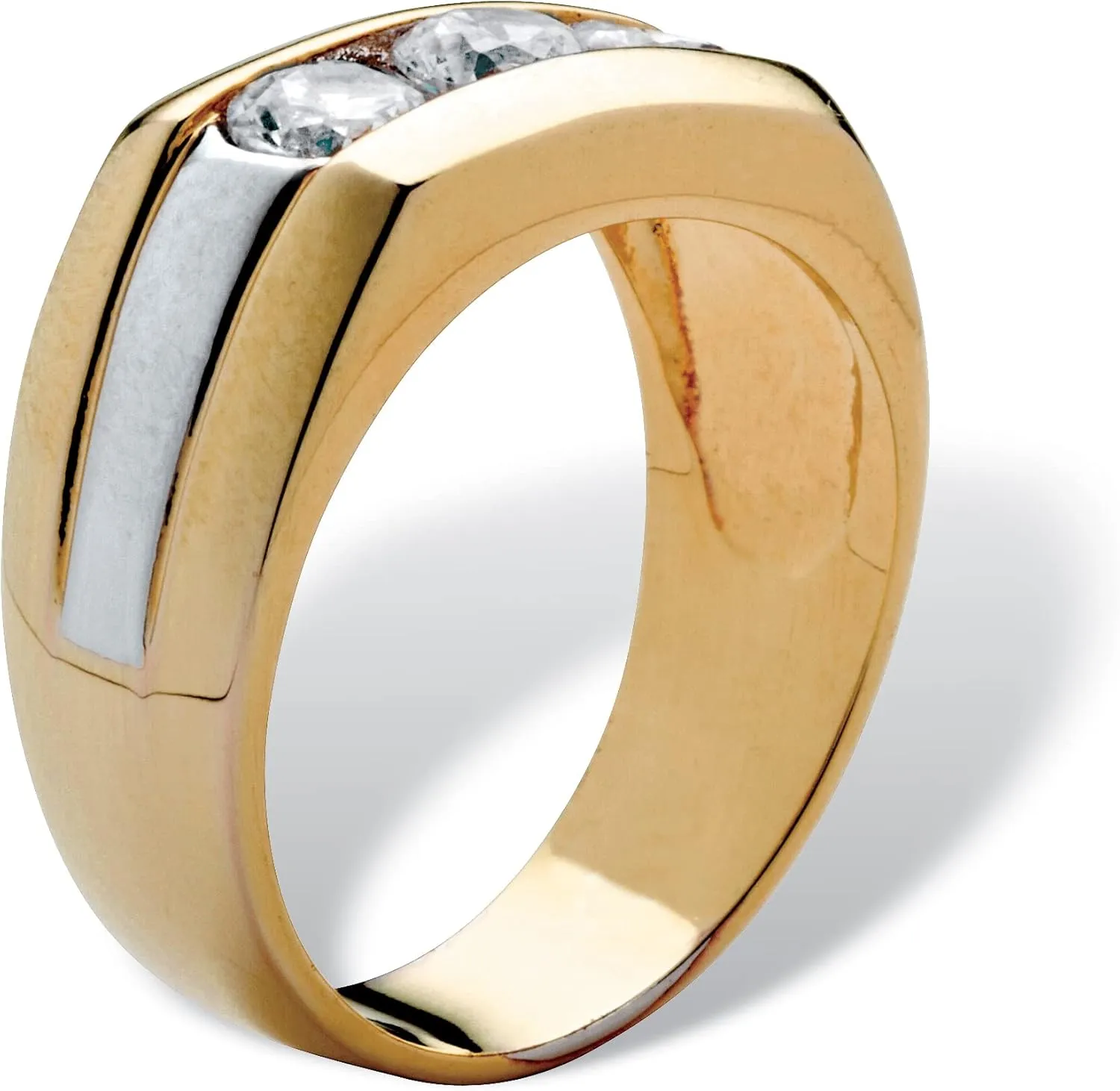 Palm Beach Jewelry Men's 14K Yellow Gold Plated Round Cubic Zirconia Two Tone 3 Stone Ring