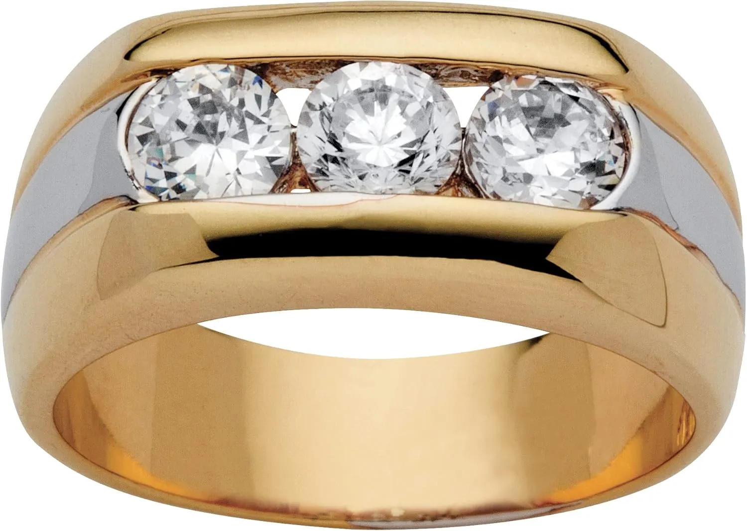 Palm Beach Jewelry Men's 14K Yellow Gold Plated Round Cubic Zirconia Two Tone 3 Stone Ring