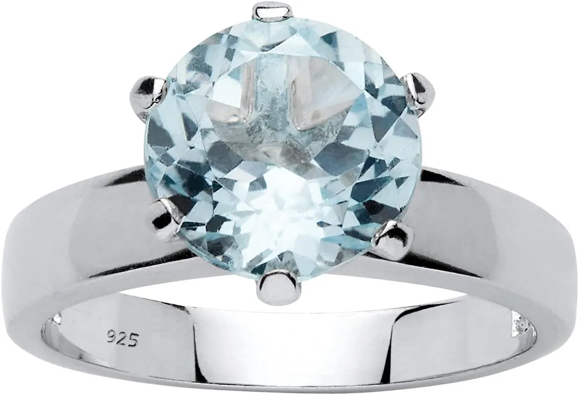 PalmBeach Sterling Silver Round Genuine Blue Topaz Solitaire Ring Sizes 5-10