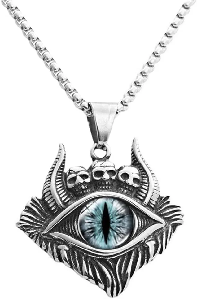 PAMTIER Men's Stainless Steel Evil Eye Demon Skull Head Oxhorn Pendant Necklace Diablo