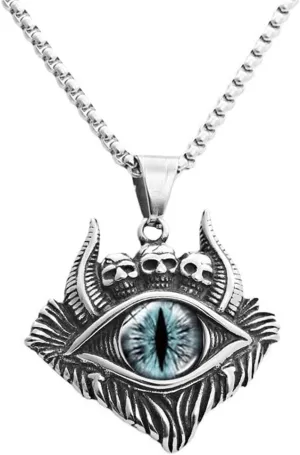 PAMTIER Men's Stainless Steel Evil Eye Demon Skull Head Oxhorn Pendant Necklace Diablo
