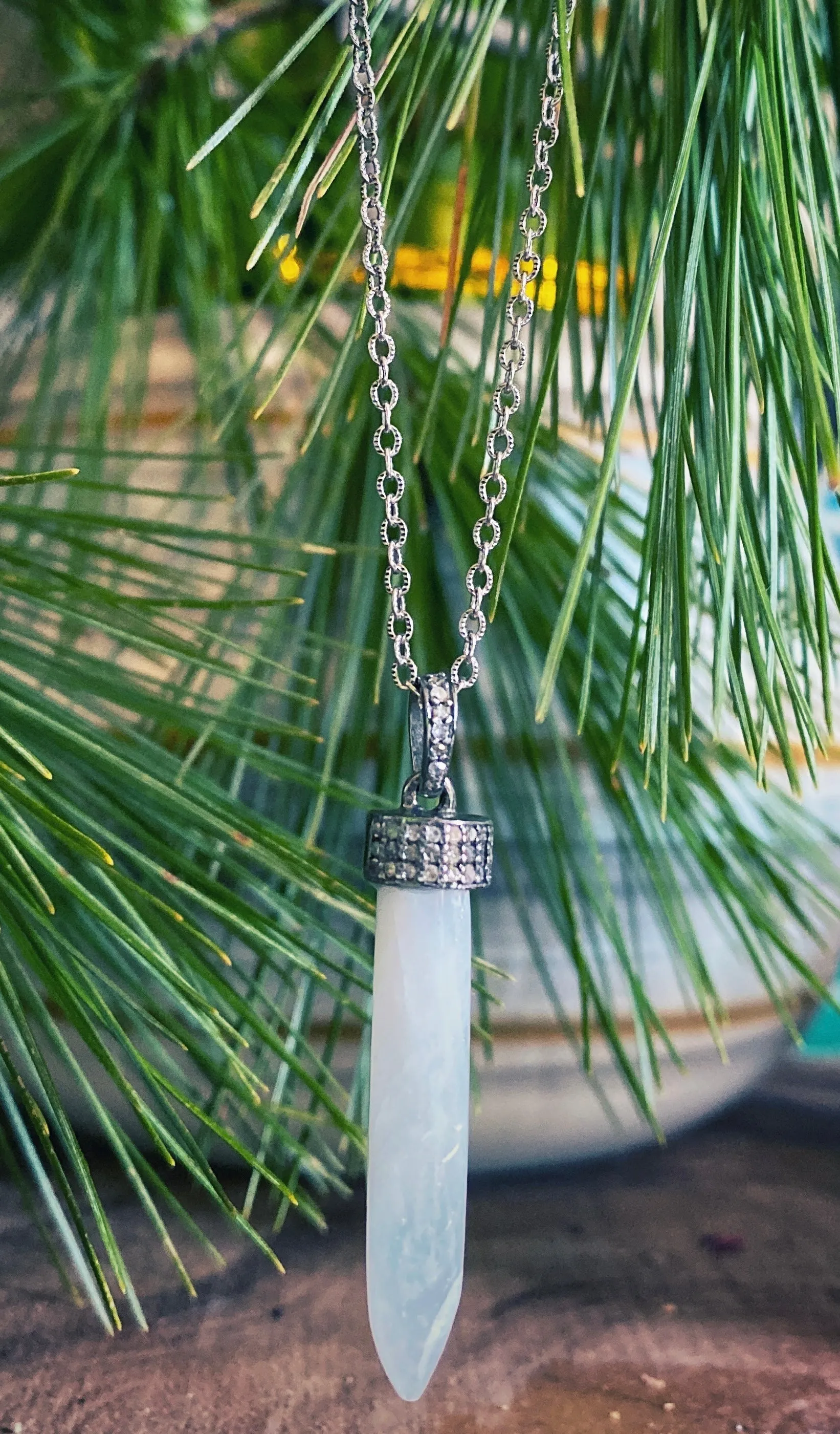 Pav diamond moonstone pendant necklace - sterling silver