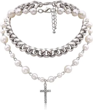 Pearl Cross Necklace for Women Silver Layered Crystal Cross Pendant Punk Chain Choker Necklace Dainty Jewelry