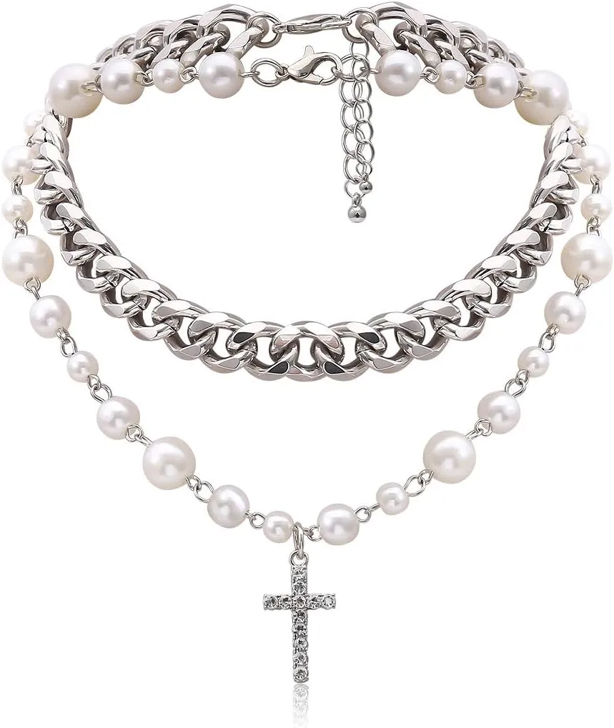 Pearl Cross Necklace for Women Silver Layered Crystal Cross Pendant Punk Chain Choker Necklace Dainty Jewelry
