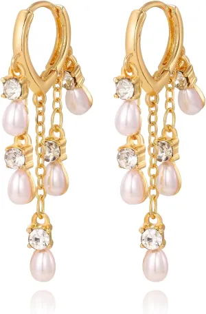 Pearl Drop Hoop Earring for Women, Dainty Zirconia Rhinestone Dangling Hypoallergenic Earrings for Women Trendy Prom Party Jewelry Gift