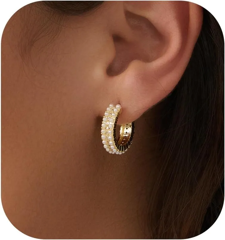Pearl Earrings: 14k Gold-plated Dainty Pearl Drop Dangle Huggie Hoop Earrings for Women