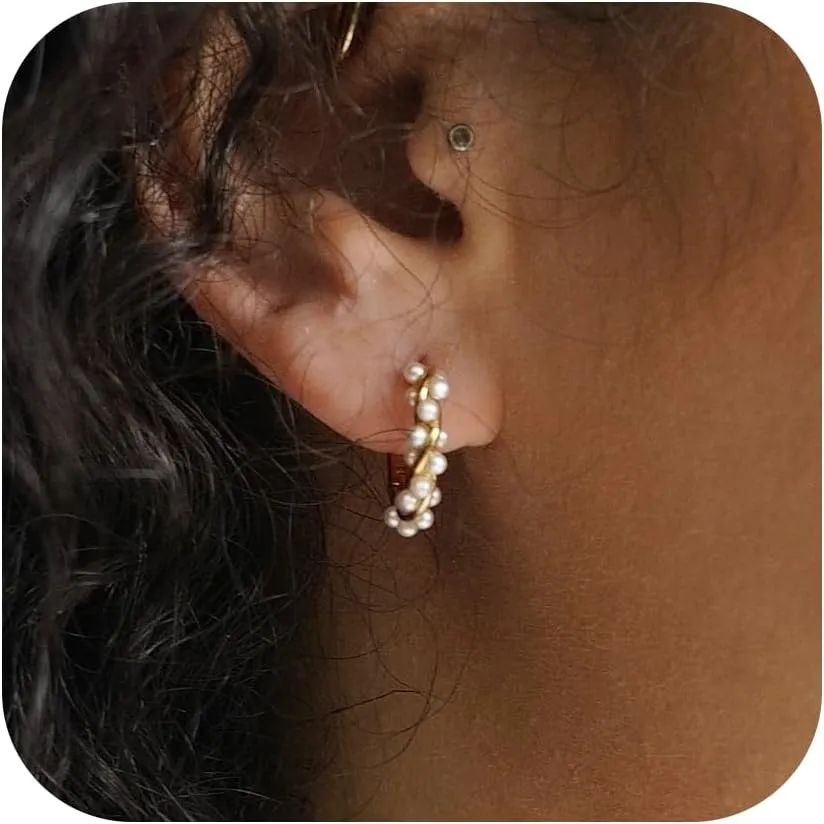 Pearl Earrings, 14K Gold Plated Pearl Drop Earrings Pearl Earrings for Women Dainty Gold Earrings for Women Trendy Pearl Hoop Earrings Pearl Dangle Earrings Gold Jewelry for Women Girls Gift