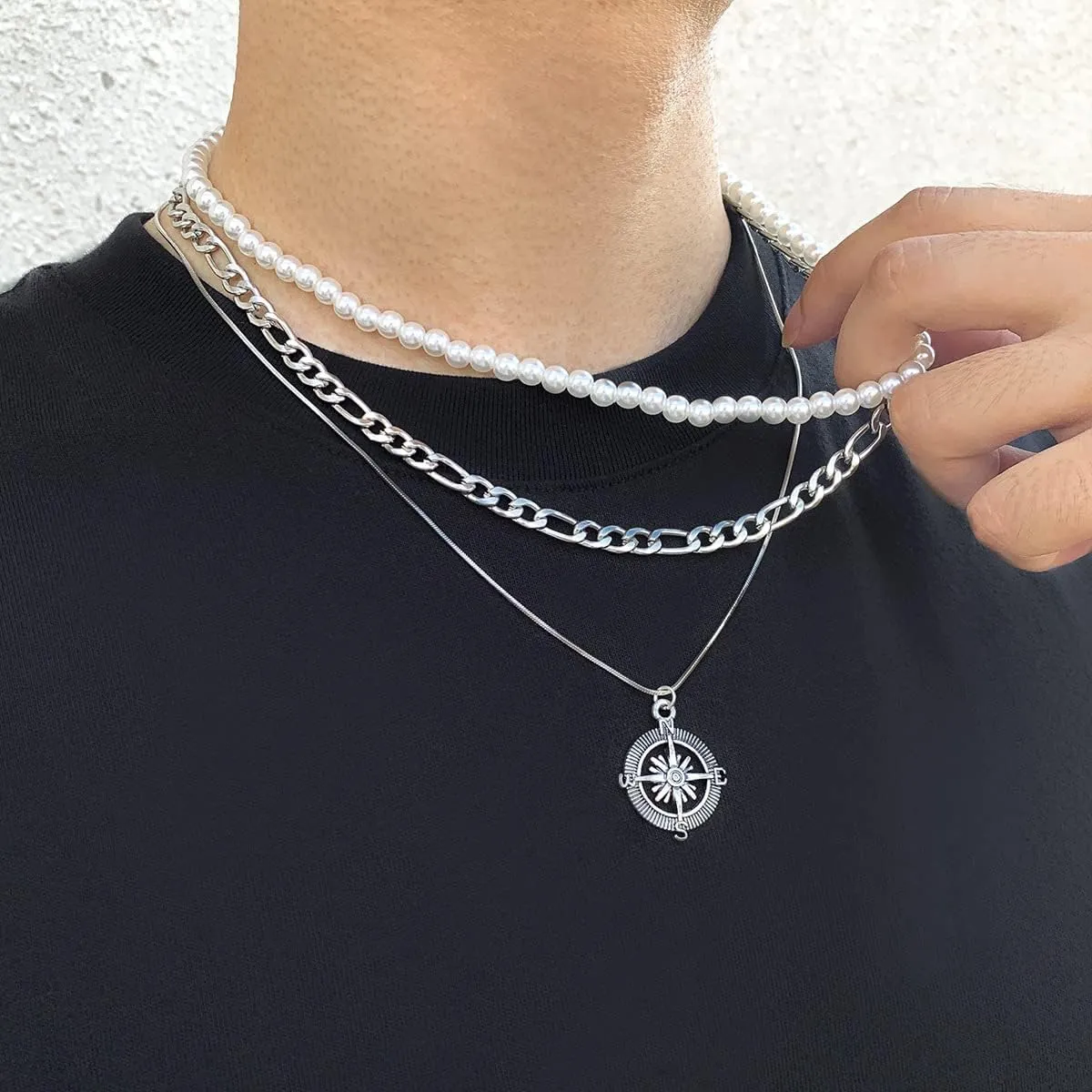 Pearl Necklace for Men Faux Pearl Choker Necklaces Charms Pearl Chain Pendant Necklace for Boy Trendy Layered Cuban Link Necklace Gifts for Boyfriend/Husband/Son