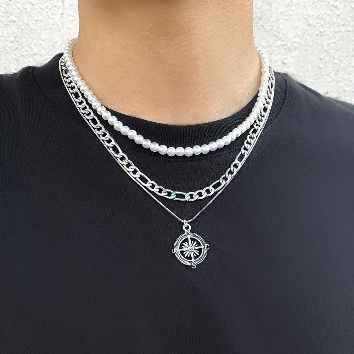 Pearl Necklace for Men Faux Pearl Choker Necklaces Charms Pearl Chain Pendant Necklace for Boy Trendy Layered Cuban Link Necklace Gifts for Boyfriend/Husband/Son