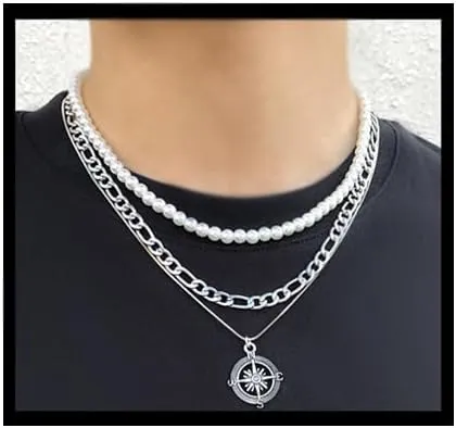Pearl Necklace for Men Faux Pearl Choker Necklaces Charms Pearl Chain Pendant Necklace for Boy Trendy Layered Cuban Link Necklace Gifts for Boyfriend/Husband/Son