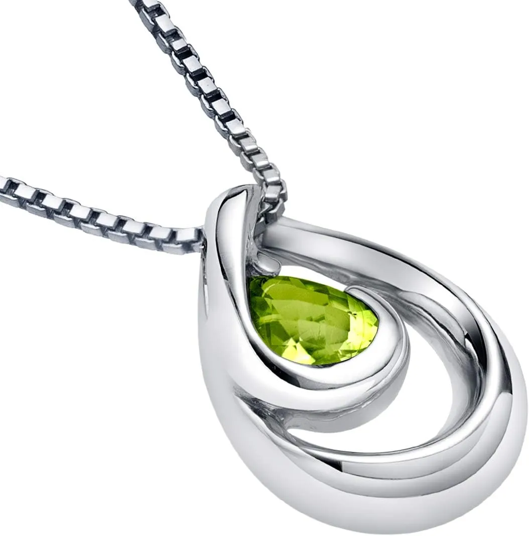PEORA Sterling Silver Wave Pendant Necklace for Women in Various Gemstones, Pear Shape 7x5mm, with 18 inch Italian Chain