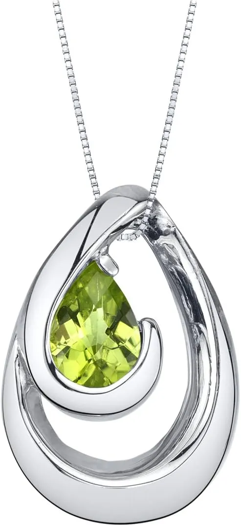 PEORA Sterling Silver Wave Pendant Necklace for Women in Various Gemstones, Pear Shape 7x5mm, with 18 inch Italian Chain