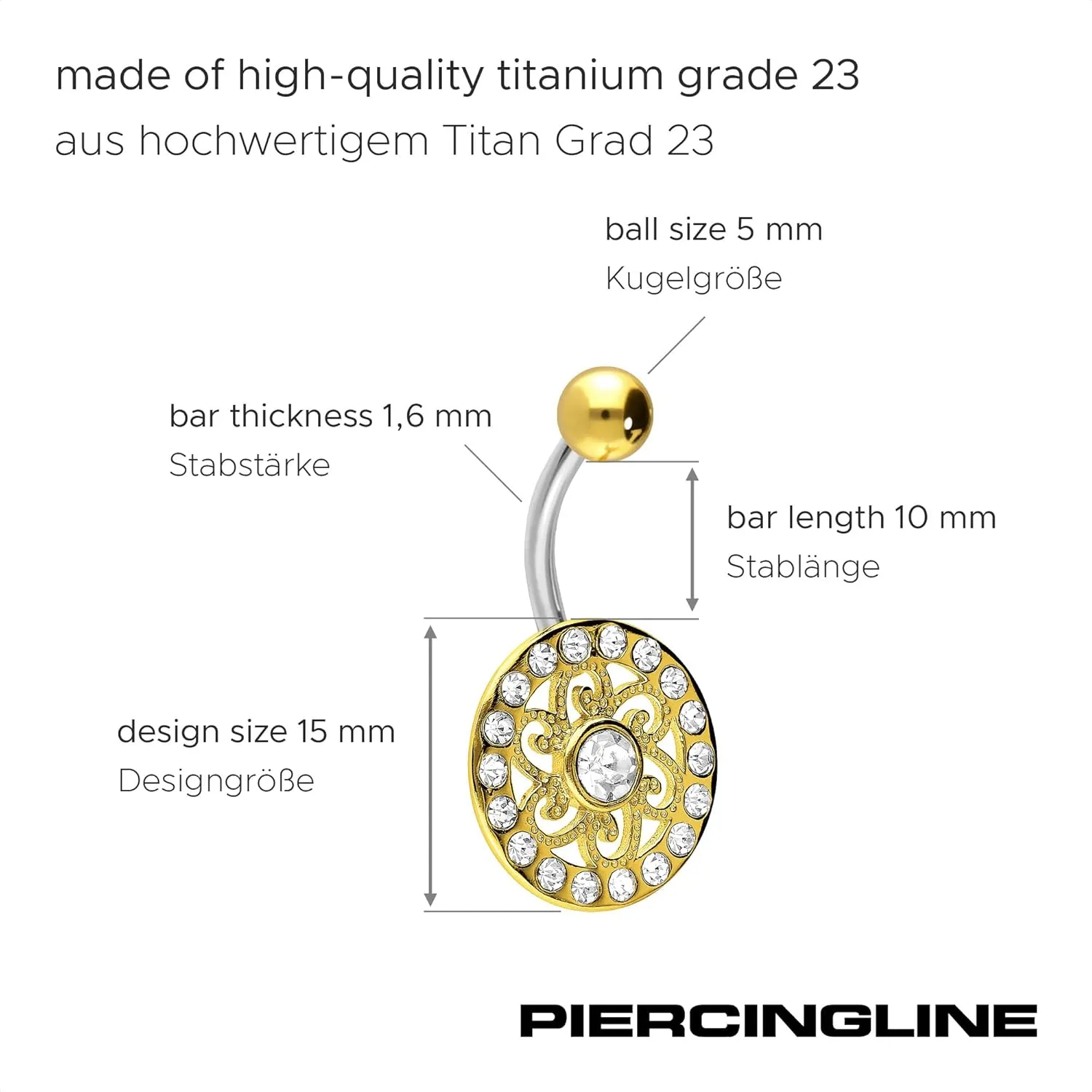 PIERCINGLINE Titanium belly button ring with 925 silver design MANDALA Navel Ring Belly Piercing 14G 10 mm Bar silver - rosegold - gold - colored