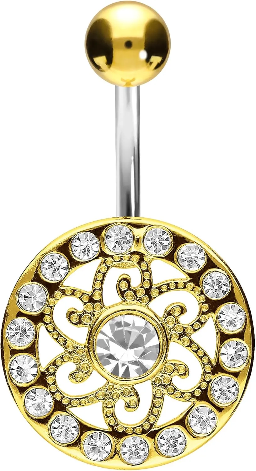 PIERCINGLINE Titanium belly button ring with 925 silver design MANDALA Navel Ring Belly Piercing 14G 10 mm Bar silver - rosegold - gold - colored