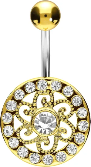 PIERCINGLINE Titanium belly button ring with 925 silver design MANDALA Navel Ring Belly Piercing 14G 10 mm Bar silver - rosegold - gold - colored