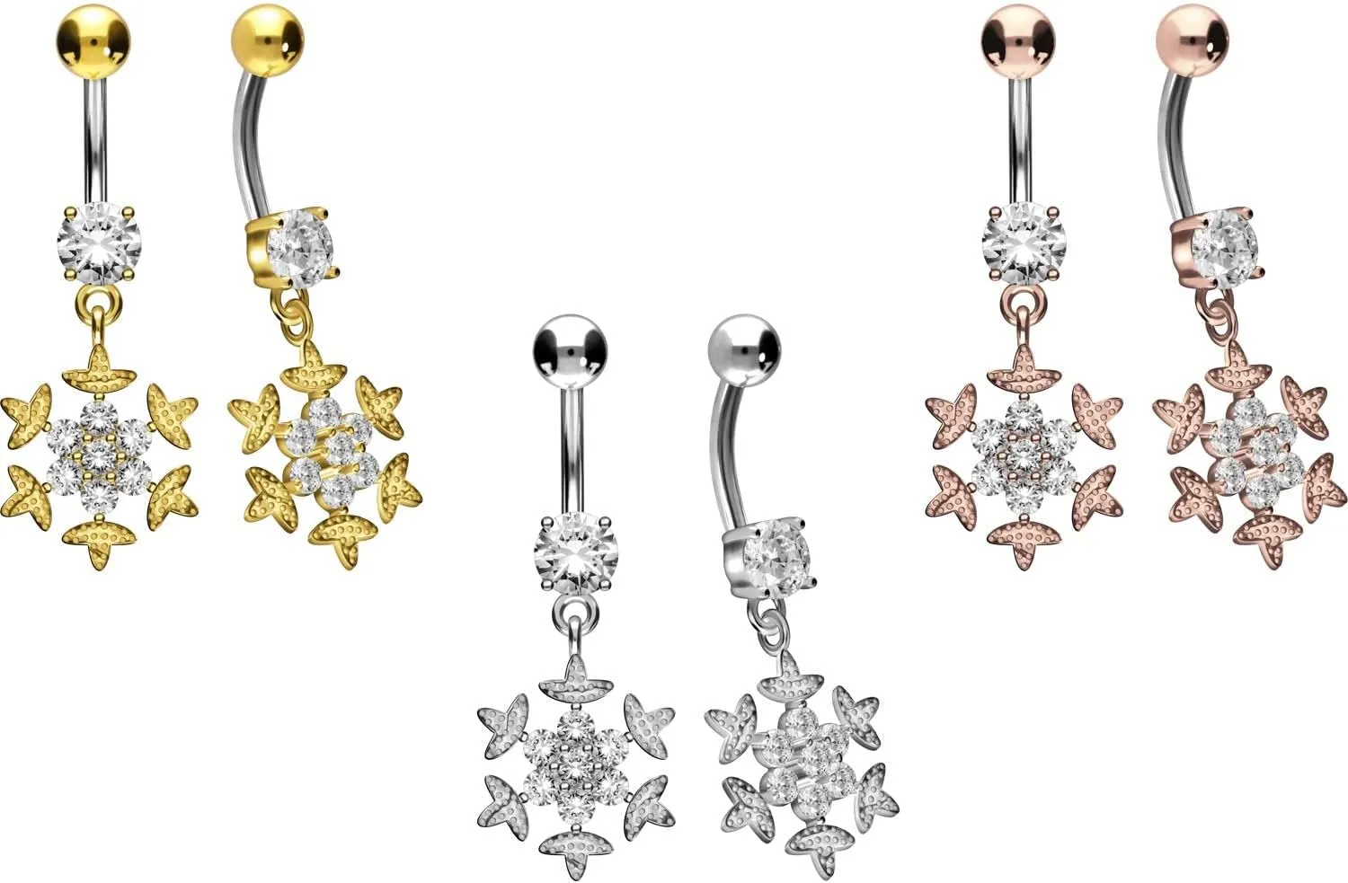 PIERCINGLINE Titanium belly button ring with 925 silver design SNOWFLAKE Navel Ring Belly Piercing 14G 10 mm Bar silver - rosegold - gold - colored