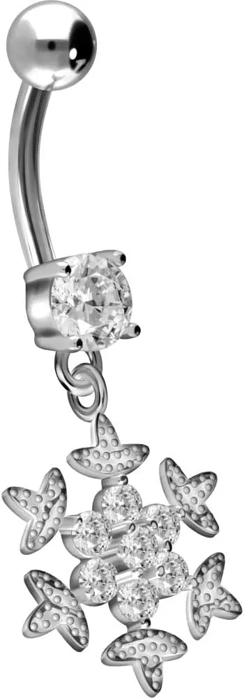 PIERCINGLINE Titanium belly button ring with 925 silver design SNOWFLAKE Navel Ring Belly Piercing 14G 10 mm Bar silver - rosegold - gold - colored