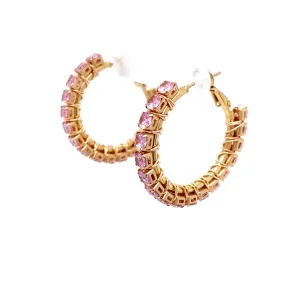 Pink & Gold Rhinestone Gold Hoop Earrings Small