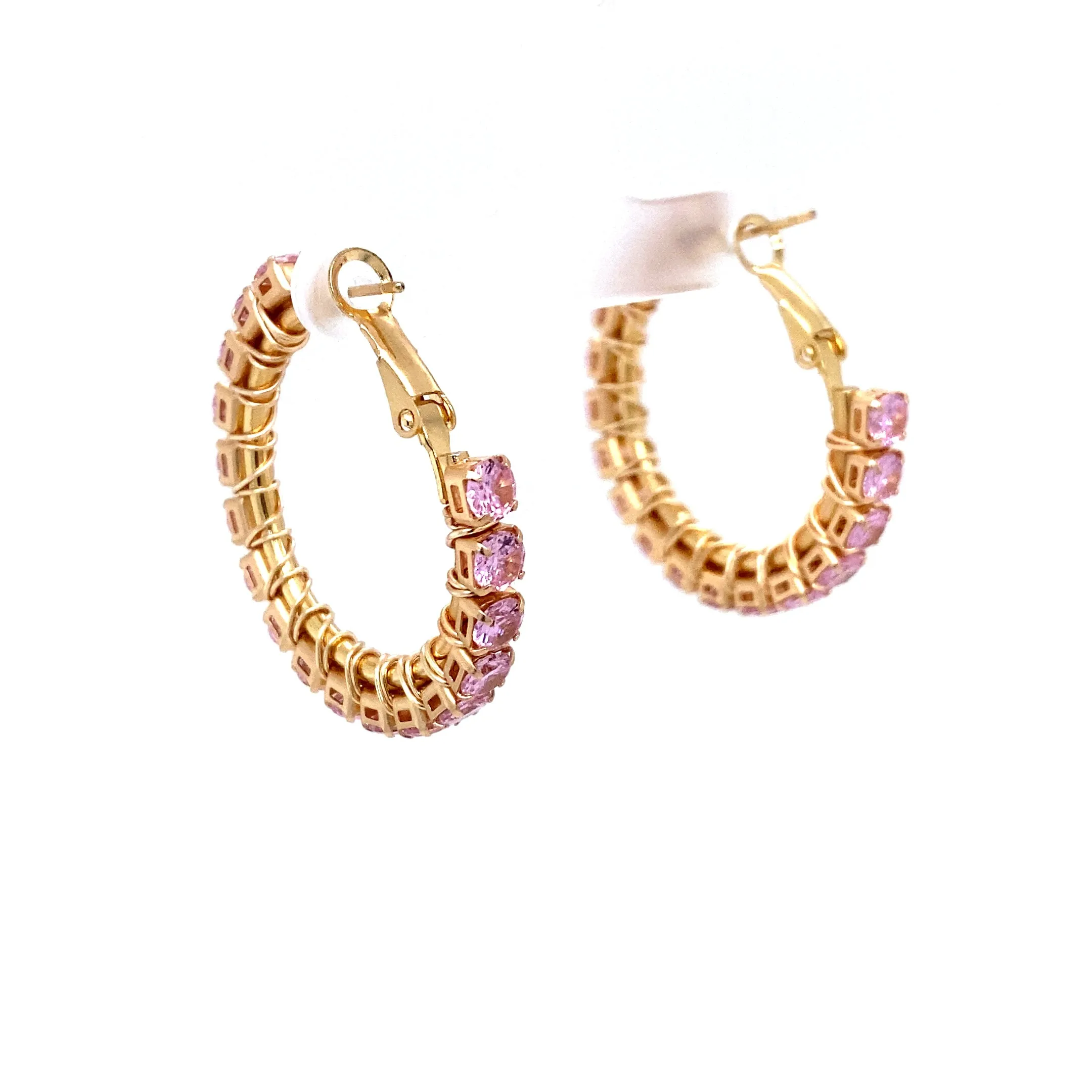 Pink & Gold Rhinestone Gold Hoop Earrings Small