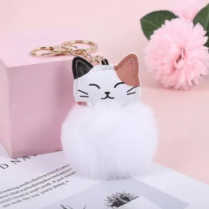 Pink Cute Cat Shape Pom Pom Keychain Plush Ball Car Keychain Pendant Fluffy Keyring Charm for Women Girls Bag Purse Decor Accessories