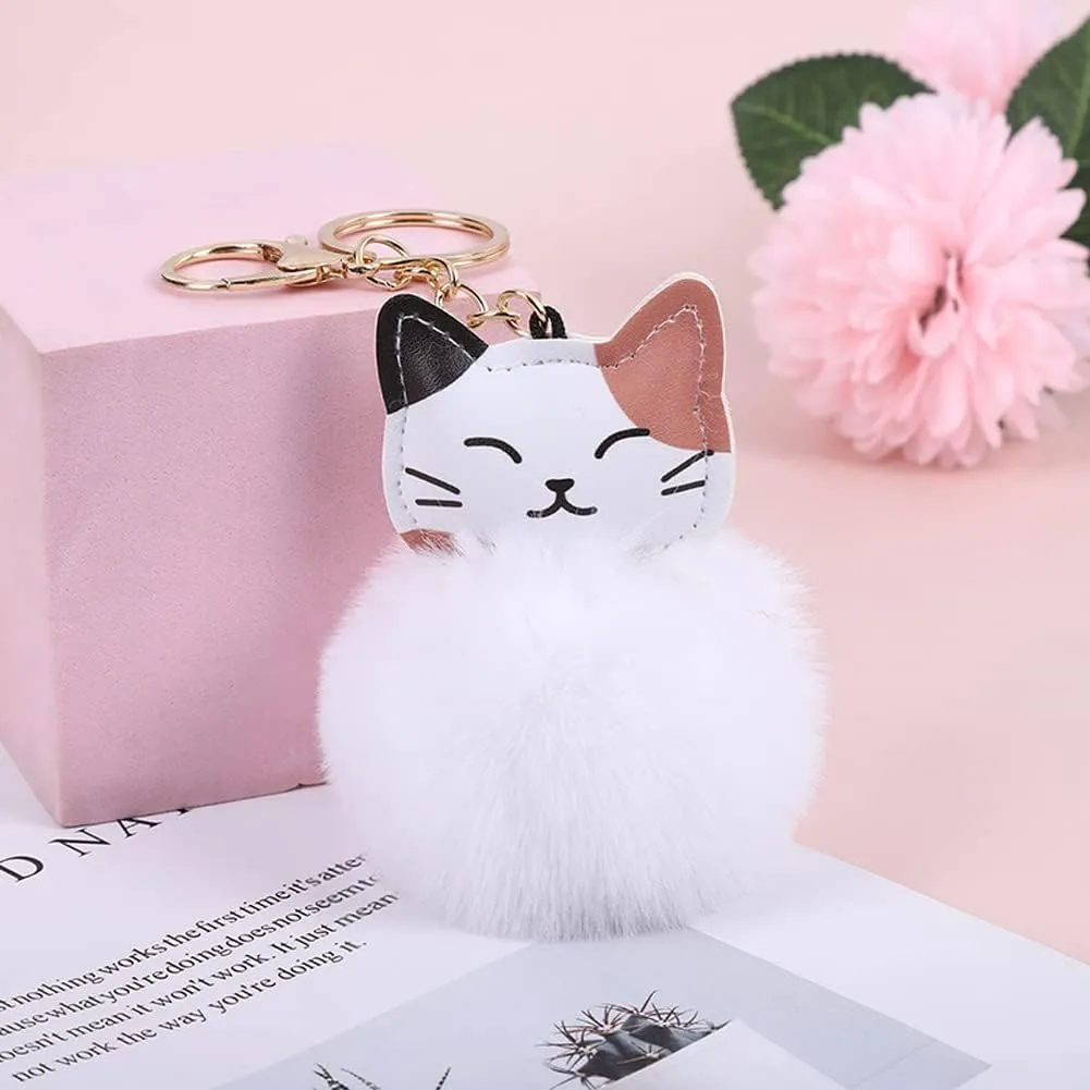Pink Cute Cat Shape Pom Pom Keychain Plush Ball Car Keychain Pendant Fluffy Keyring Charm for Women Girls Bag Purse Decor Accessories