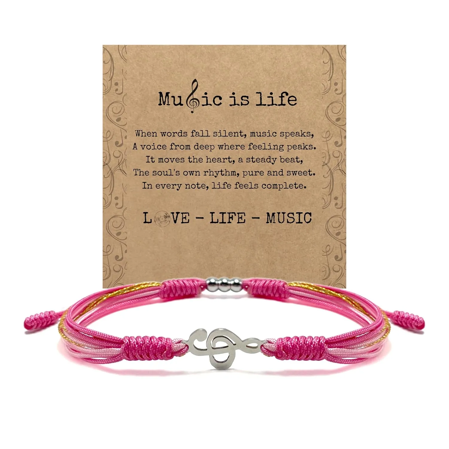 Pink Music Note Bracelet, Graduation Bracelet, Back to School Gift, Lucky Protection String, Inspirational Gift for High School College for Her, Daughter, Friend (Pink Music Note)