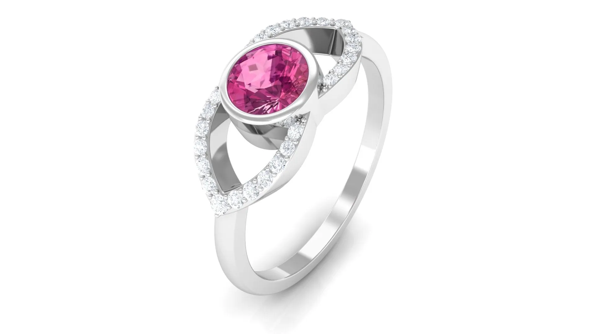 Pink Tourmaline Solitaire Split Shank Ring with Diamond